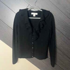 Collection 59 Womens Cashmere‎ Cardigan Black Ruffle Button Up M
